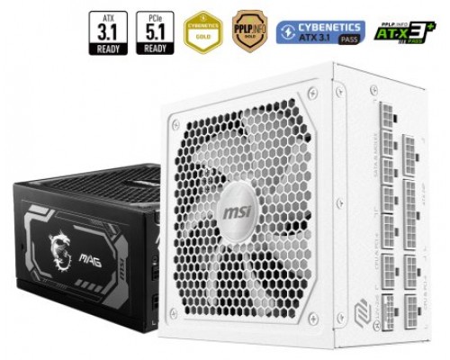 FUENTE ALIMENTACION MSI MAG A1000GL PCIE5 WHITE,PSU,1000W,80 PLUS GOLD,MODULAR,135MM,ACTIVE PFC,PCI-E 5.0 (16 PIN)X1,PCI-E (6+2 PIN)X4,SATA (15 PIN)X12 (Espera 4 dias)